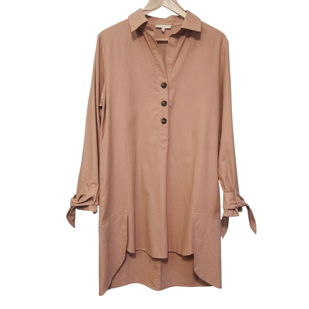 Promesa Shirt Dress Womens M Tan Neutral Relaxed‎ Lagenlook Pockets Boho Travel